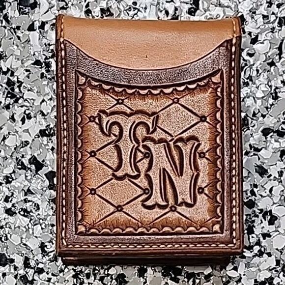 JK Leather Works Hand Tooled Leather Wallet Bifold - Initials TN - Picture 1 of 7